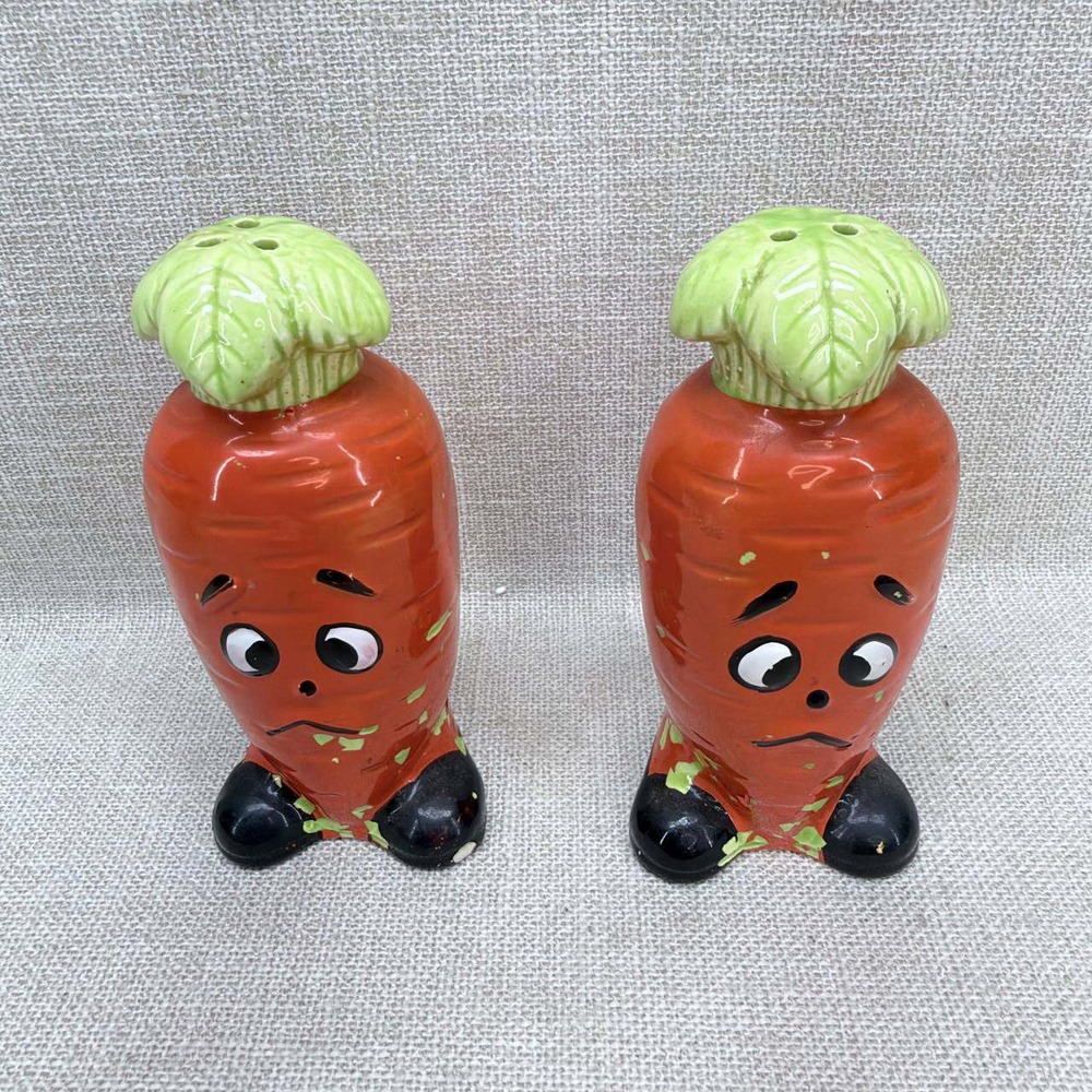 Vintage Sad Carrot Salt and Pepper Shakers Set Anthropomorphic Japan Ceramic